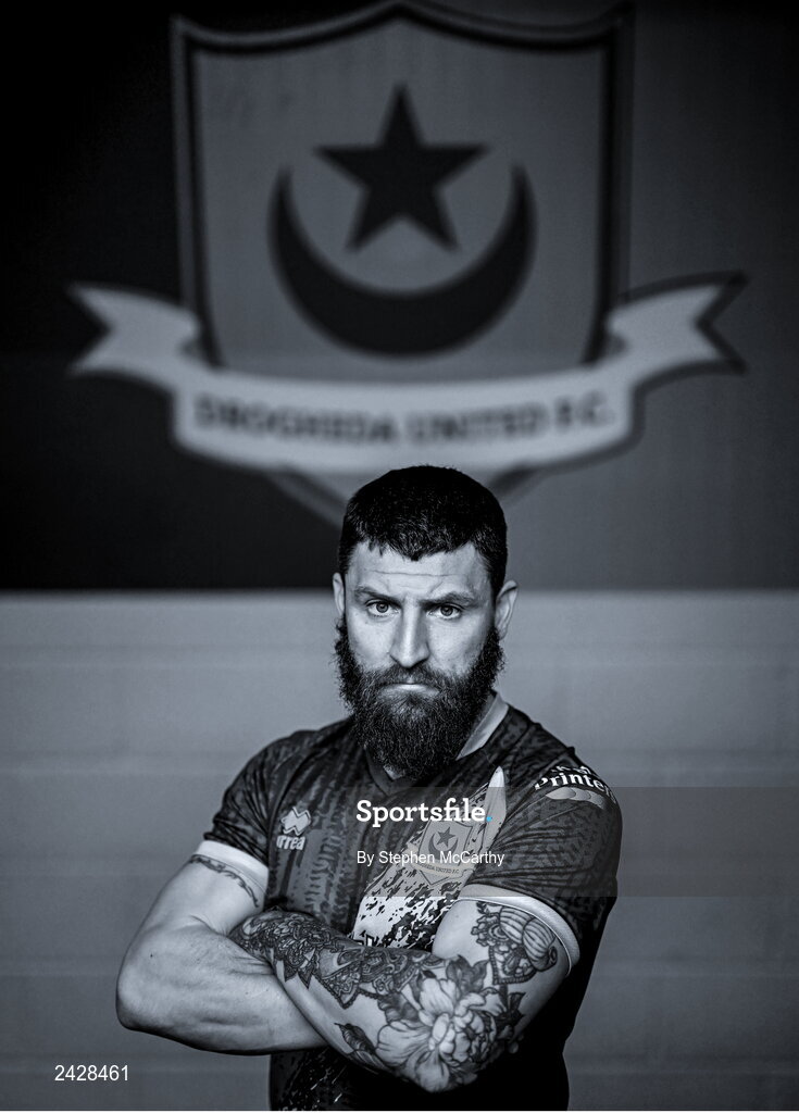 6 February 2023; (EDITOR'S NOTE; Image has been converted to black & white) Gary Deegan poses for a portrait during a Drogheda United squad portrait session at Weaver's Park in Drogheda, Louth. Photo by Stephen McCarthy/Sportsfile