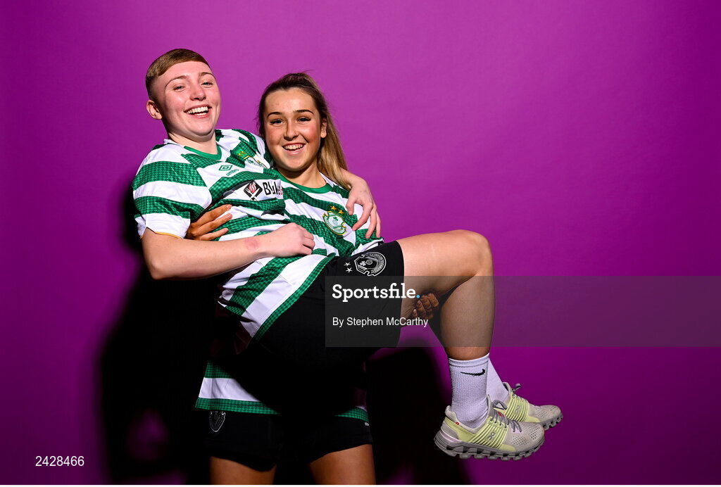 7 February 2023; Jaime Thompson, left, and Lia O'Leary pose for a portrait during a Shamrock Rovers squad portrait session at Roadstone Group Sports Club in Dublin. Photo by Stephen McCarthy/Sportsfile