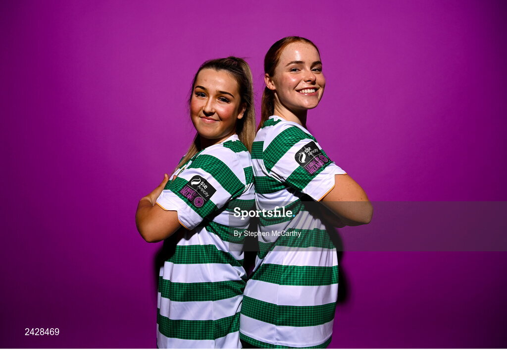 7 February 2023; Lia O'Leary, left, and Abby Tuthill pose for a portrait during a Shamrock Rovers squad portrait session at Roadstone Group Sports Club in Dublin. Photo by Stephen McCarthy/Sportsfile