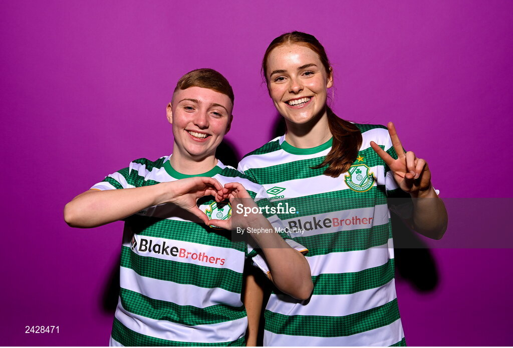 7 February 2023; Jaime Thompson, left, and Abby Tuthill pose for a portrait during a Shamrock Rovers squad portrait session at Roadstone Group Sports Club in Dublin. Photo by Stephen McCarthy/Sportsfile