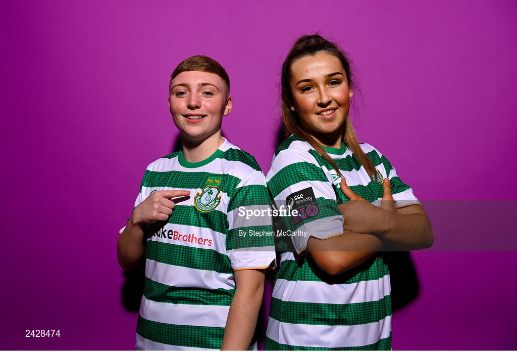 7 February 2023; Jaime Thompson, left, and Lia O'Leary pose for a portrait during a Shamrock Rovers squad portrait session at Roadstone Group Sports Club in Dublin. Photo by Stephen McCarthy/Sportsfile