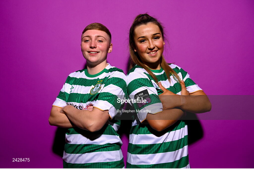 7 February 2023; Jaime Thompson, left, and Lia O'Leary pose for a portrait during a Shamrock Rovers squad portrait session at Roadstone Group Sports Club in Dublin. Photo by Stephen McCarthy/Sportsfile