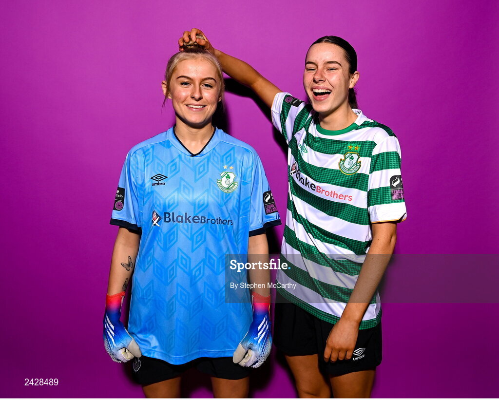 7 February 2023; Aoife Kelly, right, and goalkeeper Summer Lawless pose for a portrait during a Shamrock Rovers squad portrait session at Roadstone Group Sports Club in Dublin. Photo by Stephen McCarthy/Sportsfile