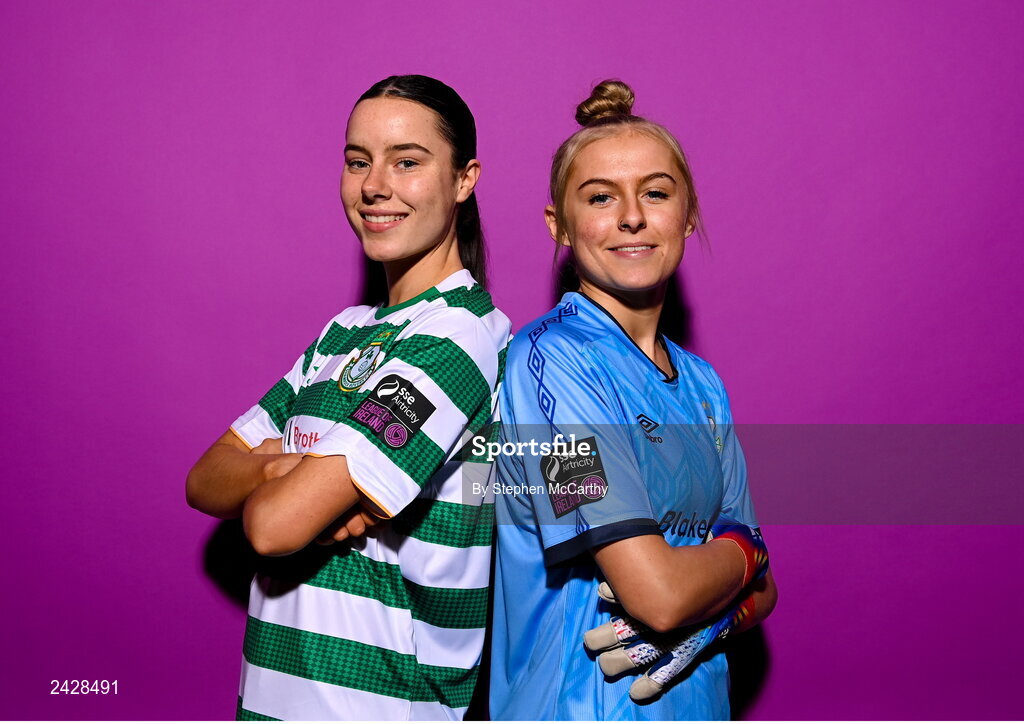 7 February 2023; Aoife Kelly, left, and goalkeeper Summer Lawless pose for a portrait during a Shamrock Rovers squad portrait session at Roadstone Group Sports Club in Dublin. Photo by Stephen McCarthy/Sportsfile