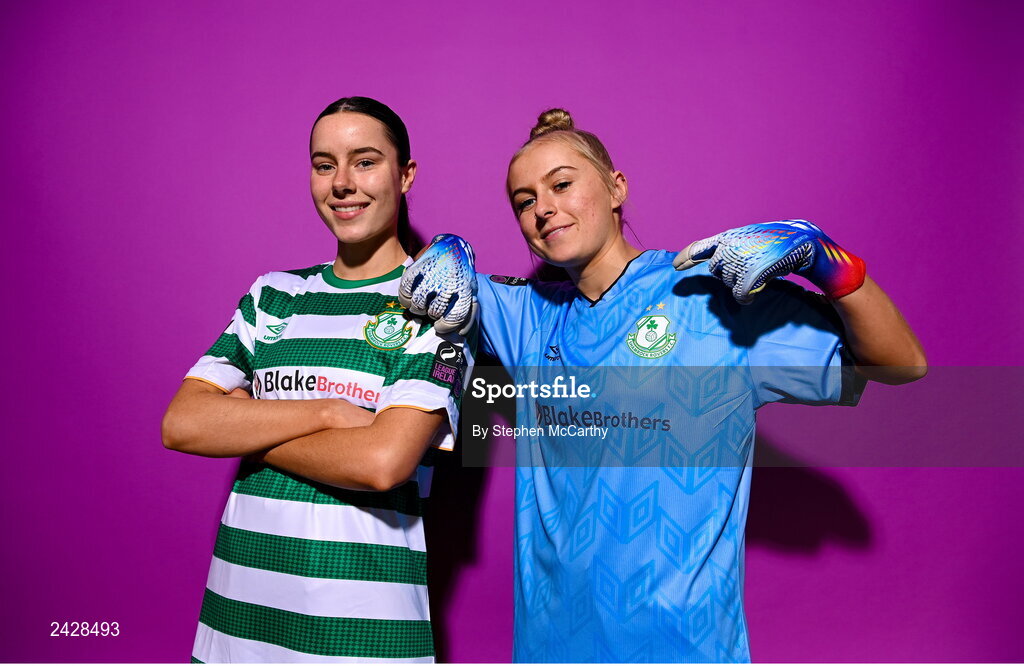 7 February 2023; Aoife Kelly, left, and goalkeeper Summer Lawless pose for a portrait during a Shamrock Rovers squad portrait session at Roadstone Group Sports Club in Dublin. Photo by Stephen McCarthy/Sportsfile