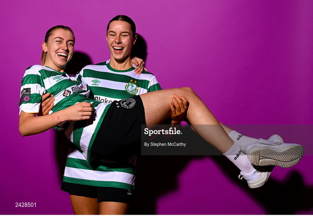 7 February 2023; Abbie Larkin, left, and Aoife Kelly pose for a portrait during a Shamrock Rovers squad portrait session at Roadstone Group Sports Club in Dublin. Photo by Stephen McCarthy/Sportsfile