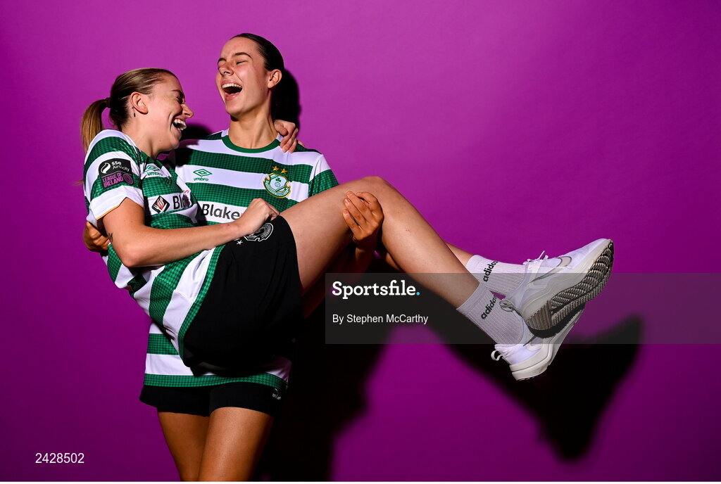7 February 2023; Abbie Larkin, left, and Aoife Kelly pose for a portrait during a Shamrock Rovers squad portrait session at Roadstone Group Sports Club in Dublin. Photo by Stephen McCarthy/Sportsfile