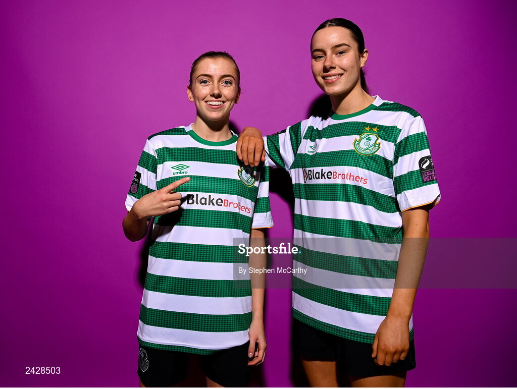 7 February 2023; Abbie Larkin, left, and Aoife Kelly pose for a portrait during a Shamrock Rovers squad portrait session at Roadstone Group Sports Club in Dublin. Photo by Stephen McCarthy/Sportsfile