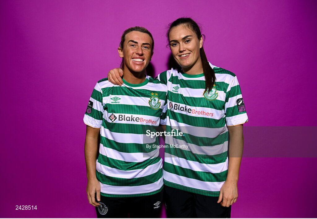 7 February 2023; Savannah McCarthy, left, and Jess Gargan pose for a portrait during a Shamrock Rovers squad portrait session at Roadstone Group Sports Club in Dublin. Photo by Stephen McCarthy/Sportsfile