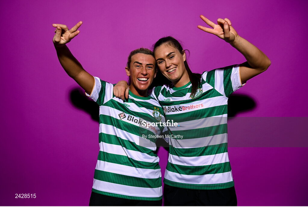 7 February 2023; Savannah McCarthy, left, and Jess Gargan pose for a portrait during a Shamrock Rovers squad portrait session at Roadstone Group Sports Club in Dublin. Photo by Stephen McCarthy/Sportsfile
