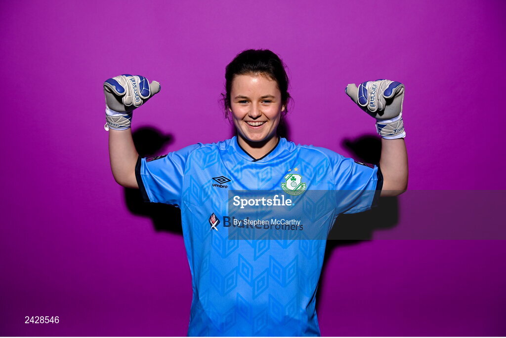7 February 2023; Goalkeeper Jane Byrne poses for a portrait during a Shamrock Rovers squad portrait session at Roadstone Group Sports Club in Dublin. Photo by Stephen McCarthy/Sportsfile