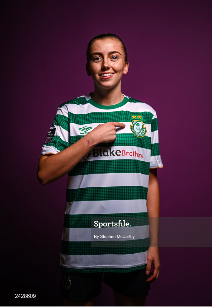 7 February 2023; Abbie Larkin poses for a portrait during a Shamrock Rovers squad portrait session at Roadstone Group Sports Club in Dublin. Photo by Stephen McCarthy/Sportsfile