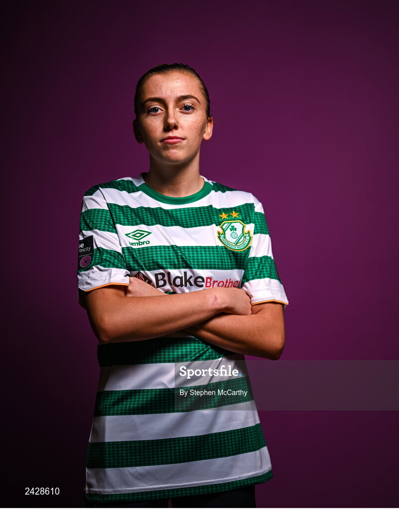 7 February 2023; Abbie Larkin poses for a portrait during a Shamrock Rovers squad portrait session at Roadstone Group Sports Club in Dublin. Photo by Stephen McCarthy/Sportsfile