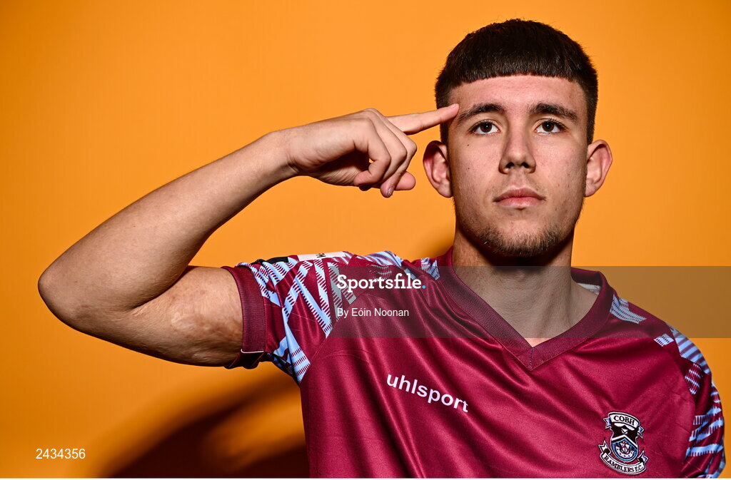 15 February 2023; David Bosnjak poses for a portrait during a Cobh Ramblers squad portrait session at Lotamore Park in Mayfield, Cork. Photo by Eóin Noonan/Sportsfile