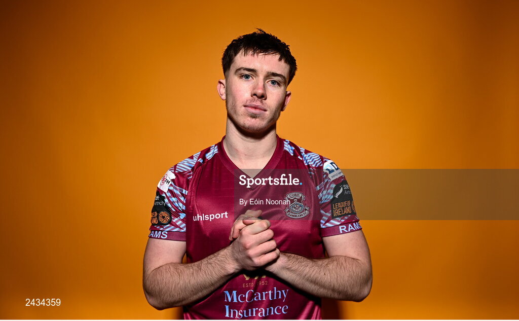 15 February 2023; James O'Leary poses for a portrait during a Cobh Ramblers squad portrait session at Lotamore Park in Mayfield, Cork. Photo by Eóin Noonan/Sportsfile