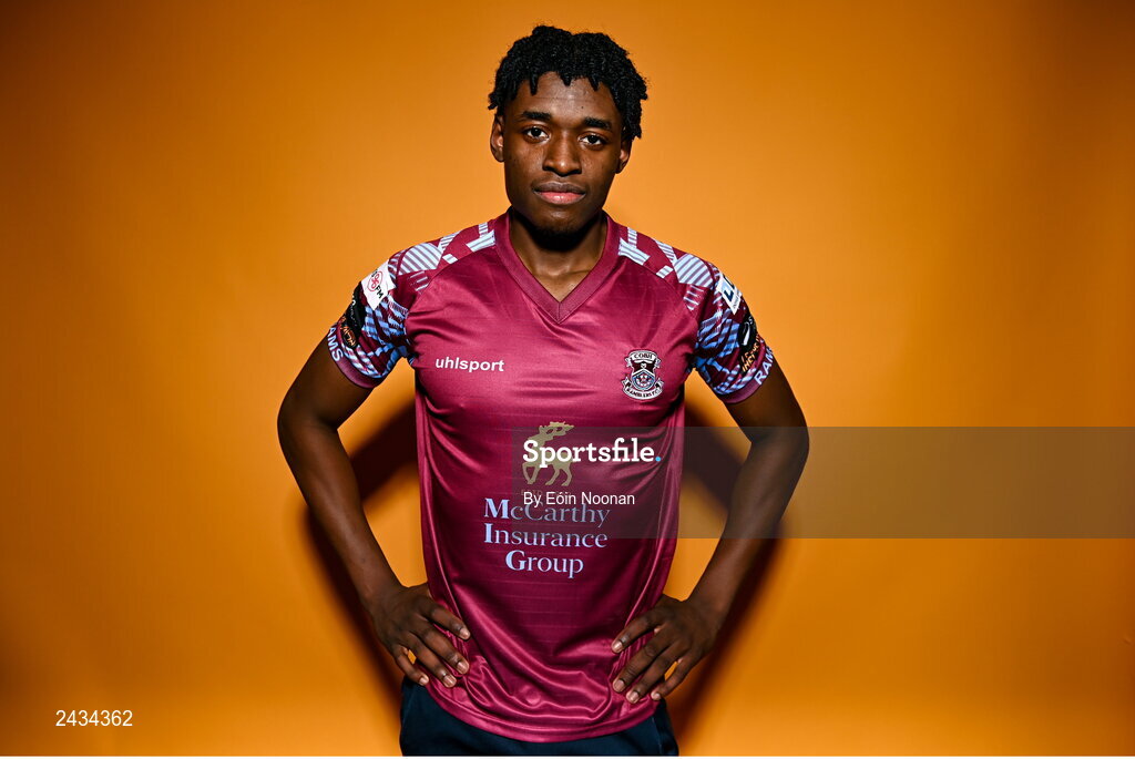15 February 2023; Justin Eguaibor poses for a portrait during a Cobh Ramblers squad portrait session at Lotamore Park in Mayfield, Cork. Photo by Eóin Noonan/Sportsfile