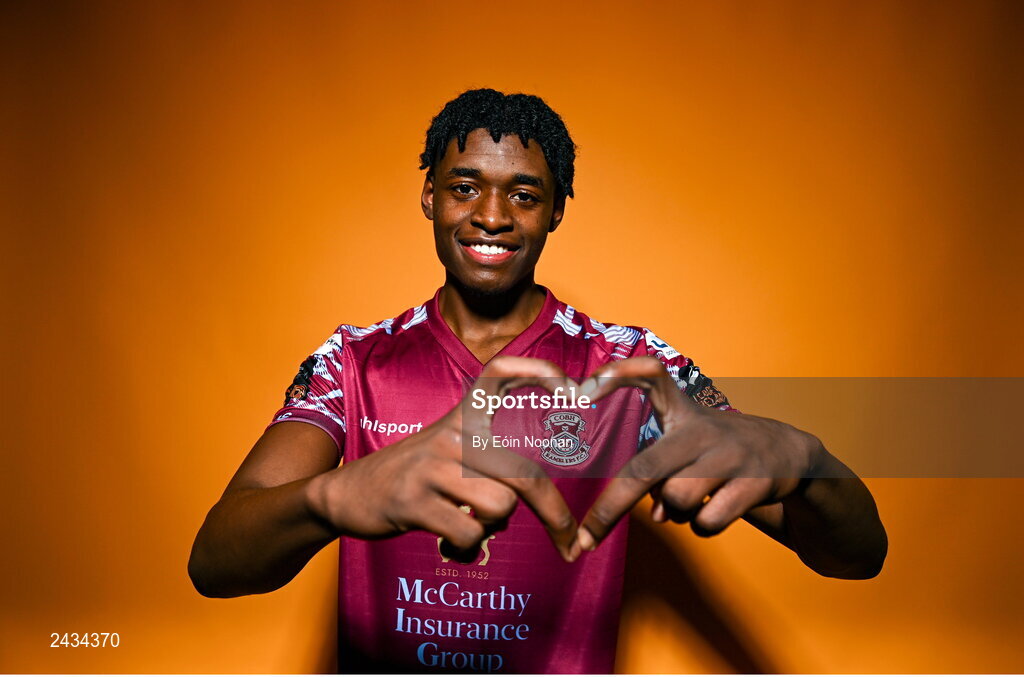 15 February 2023; Justin Eguaibor poses for a portrait during a Cobh Ramblers squad portrait session at Lotamore Park in Mayfield, Cork. Photo by Eóin Noonan/Sportsfile