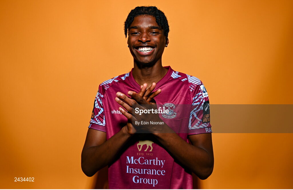 15 February 2023; David Eguaibor poses for a portrait during a Cobh Ramblers squad portrait session at Lotamore Park in Mayfield, Cork. Photo by Eóin Noonan/Sportsfile