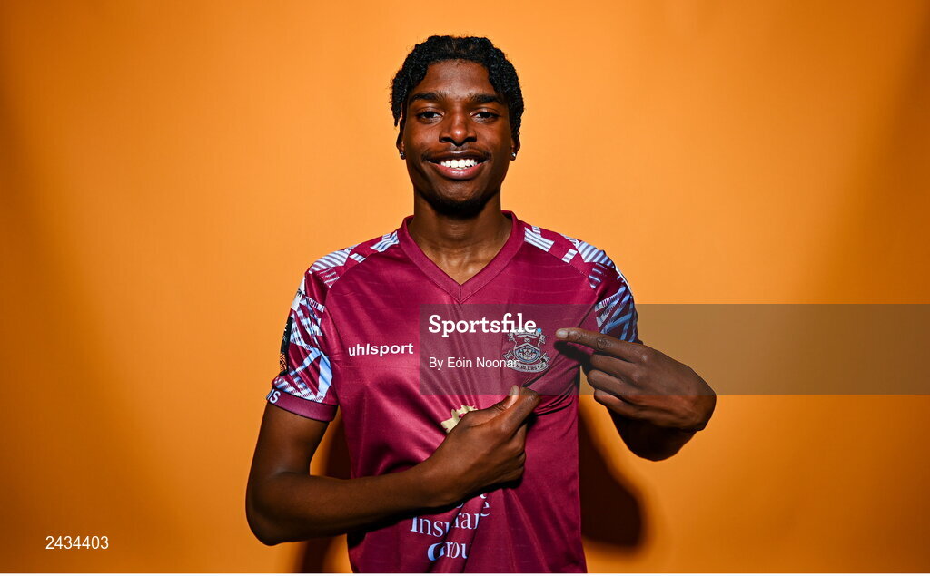 15 February 2023; David Eguaibor poses for a portrait during a Cobh Ramblers squad portrait session at Lotamore Park in Mayfield, Cork. Photo by Eóin Noonan/Sportsfile