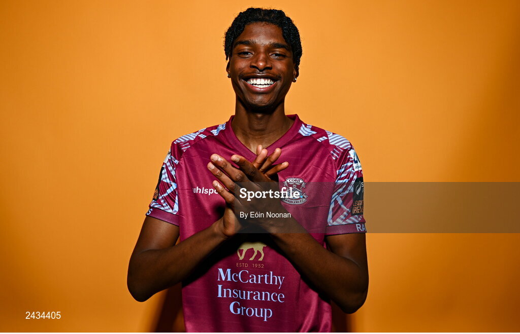 15 February 2023; David Eguaibor poses for a portrait during a Cobh Ramblers squad portrait session at Lotamore Park in Mayfield, Cork. Photo by Eóin Noonan/Sportsfile