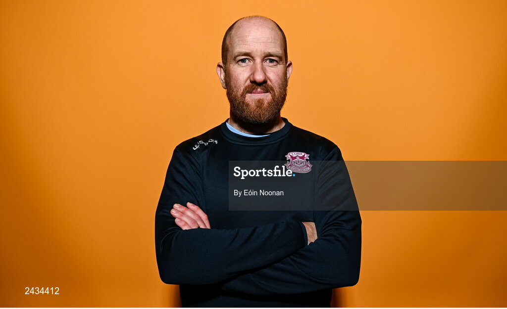 15 February 2023; Manager Shane Keegan poses for a portrait during a Cobh Ramblers squad portrait session at Lotamore Park in Mayfield, Cork. Photo by Eóin Noonan/Sportsfile