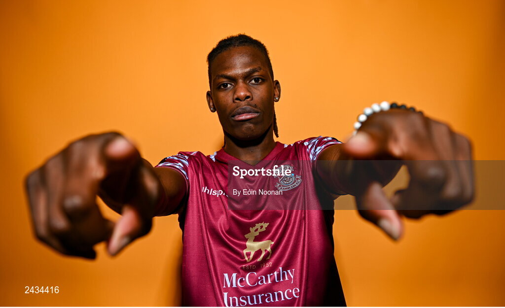15 February 2023; Wilson Waweru poses for a portrait during a Cobh Ramblers squad portrait session at Lotamore Park in Mayfield, Cork. Photo by Eóin Noonan/Sportsfile
