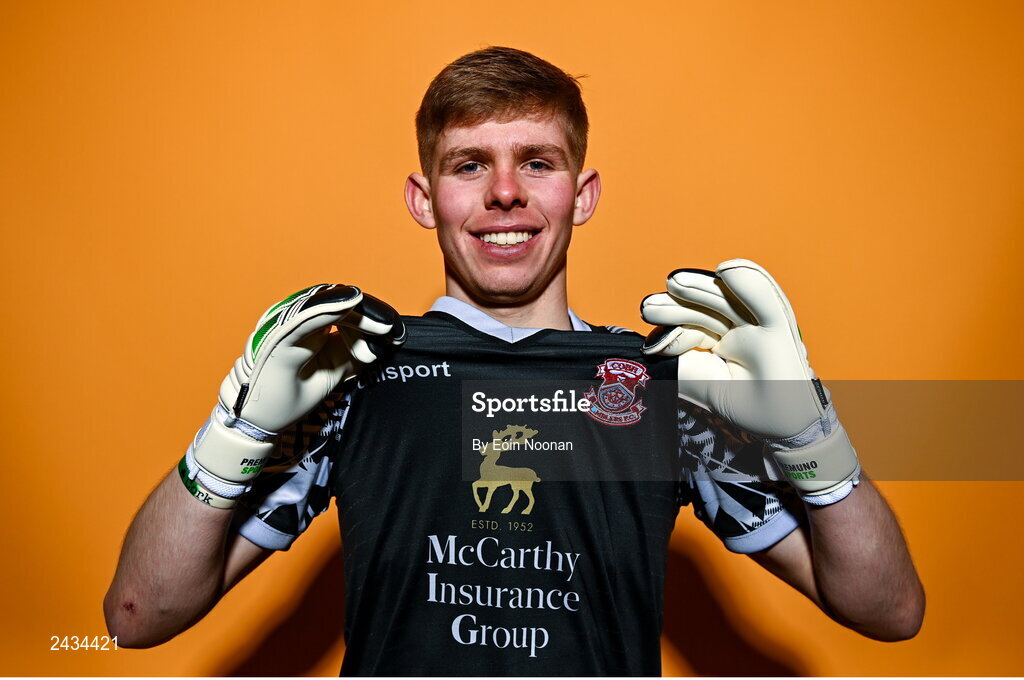 15 February 2023; Darragh Burke poses for a portrait during a Cobh Ramblers squad portrait session at Lotamore Park in Mayfield, Cork. Photo by Eóin Noonan/Sportsfile