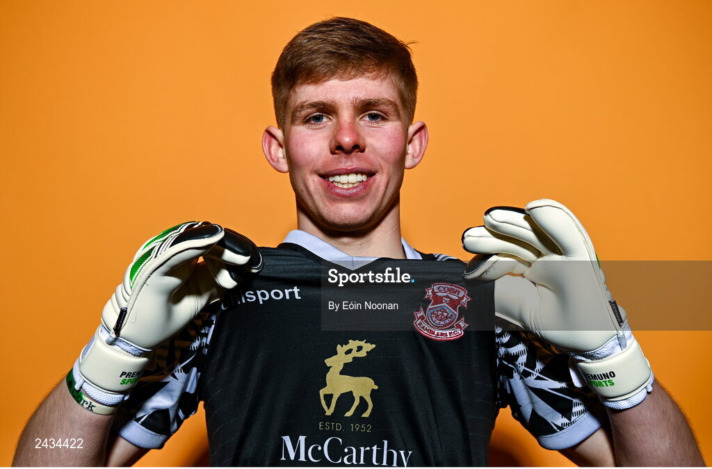 15 February 2023; Darragh Burke poses for a portrait during a Cobh Ramblers squad portrait session at Lotamore Park in Mayfield, Cork. Photo by Eóin Noonan/Sportsfile