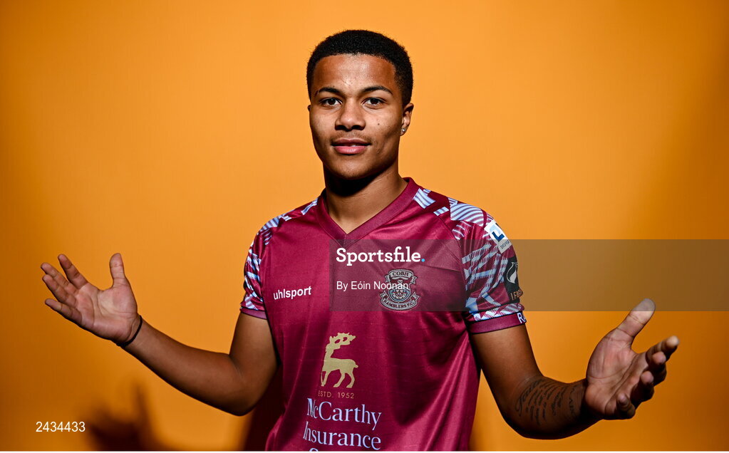 15 February 2023; Adrien Thibaut poses for a portrait during a Cobh Ramblers squad portrait session at Lotamore Park in Mayfield, Cork. Photo by Eóin Noonan/Sportsfile
