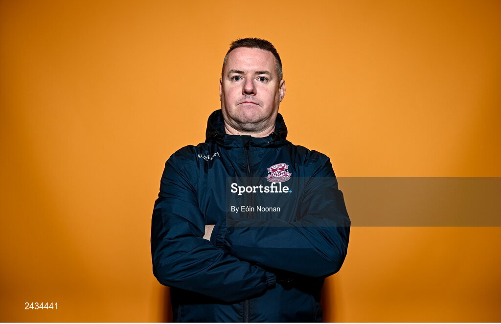 15 February 2023; Coach Damien Rowe poses for a portrait during a Cobh Ramblers squad portrait session at Lotamore Park in Mayfield, Cork. Photo by Eóin Noonan/Sportsfile