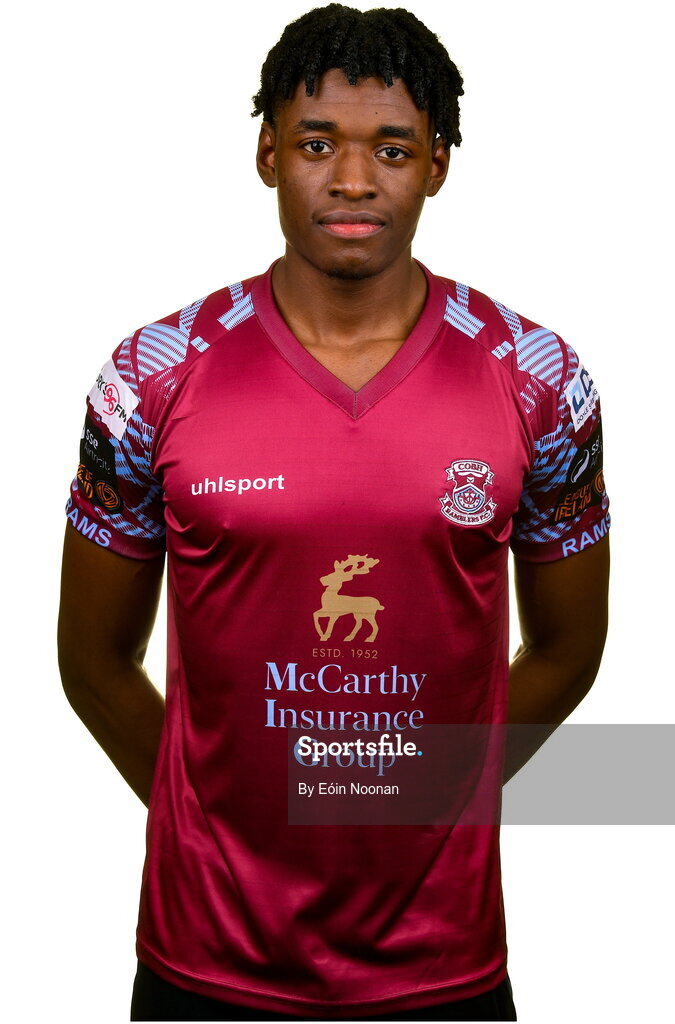 15 February 2023; Justin Eguaibor poses for a portrait during a Cobh Ramblers squad portrait session at Lotamore Park in Mayfield, Cork. Photo by Eóin Noonan/Sportsfile