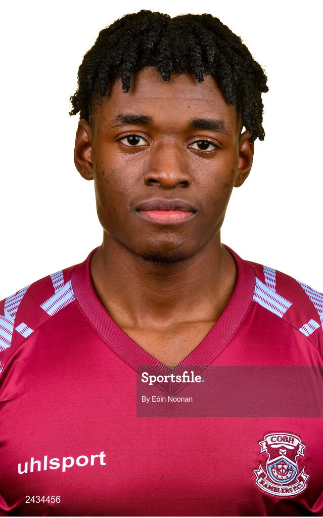 15 February 2023; Justin Eguaibor poses for a portrait during a Cobh Ramblers squad portrait session at Lotamore Park in Mayfield, Cork. Photo by Eóin Noonan/Sportsfile