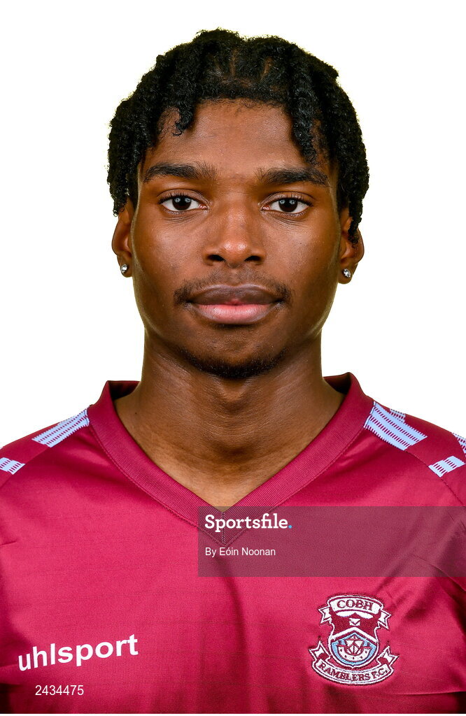 15 February 2023; David Eguaibor poses for a portrait during a Cobh Ramblers squad portrait session at Lotamore Park in Mayfield, Cork. Photo by Eóin Noonan/Sportsfile
