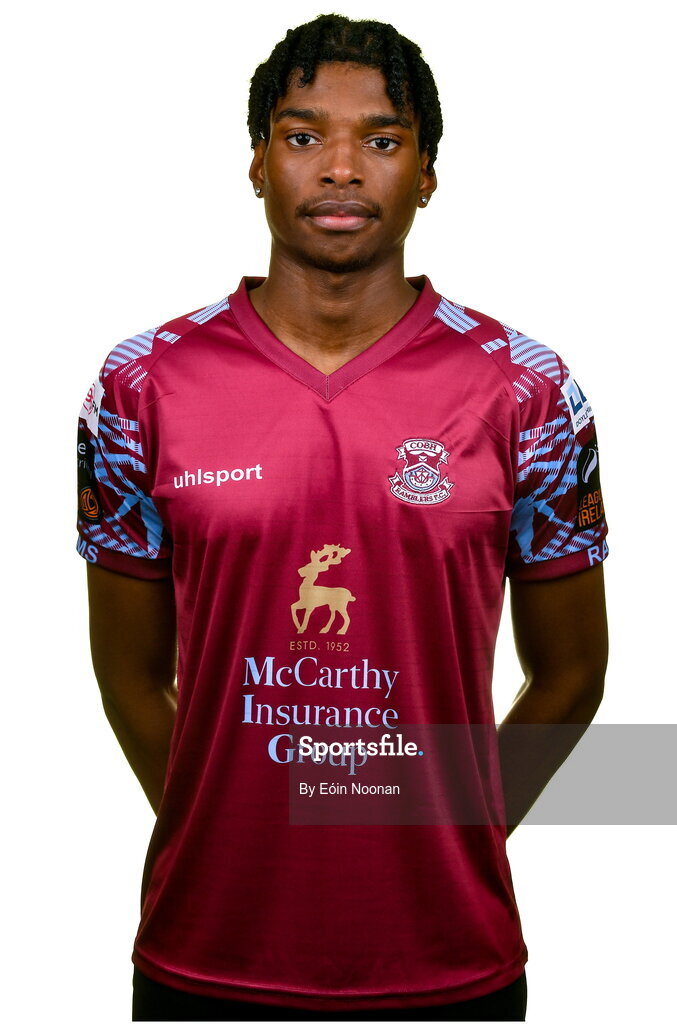 15 February 2023; David Eguaibor poses for a portrait during a Cobh Ramblers squad portrait session at Lotamore Park in Mayfield, Cork. Photo by Eóin Noonan/Sportsfile