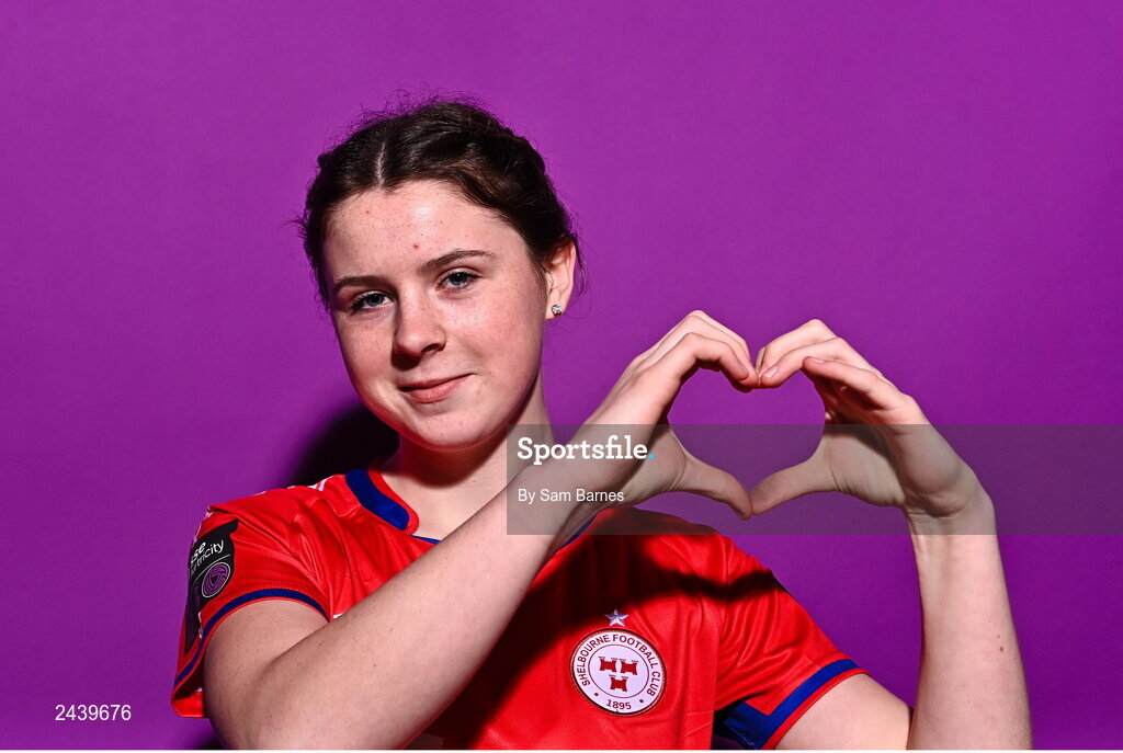 20 February 2023; Leah Riley poses for a portrait during a Shelbourne squad portrait session at Tolka Park in Dublin. Photo by Sam Barnes/Sportsfile