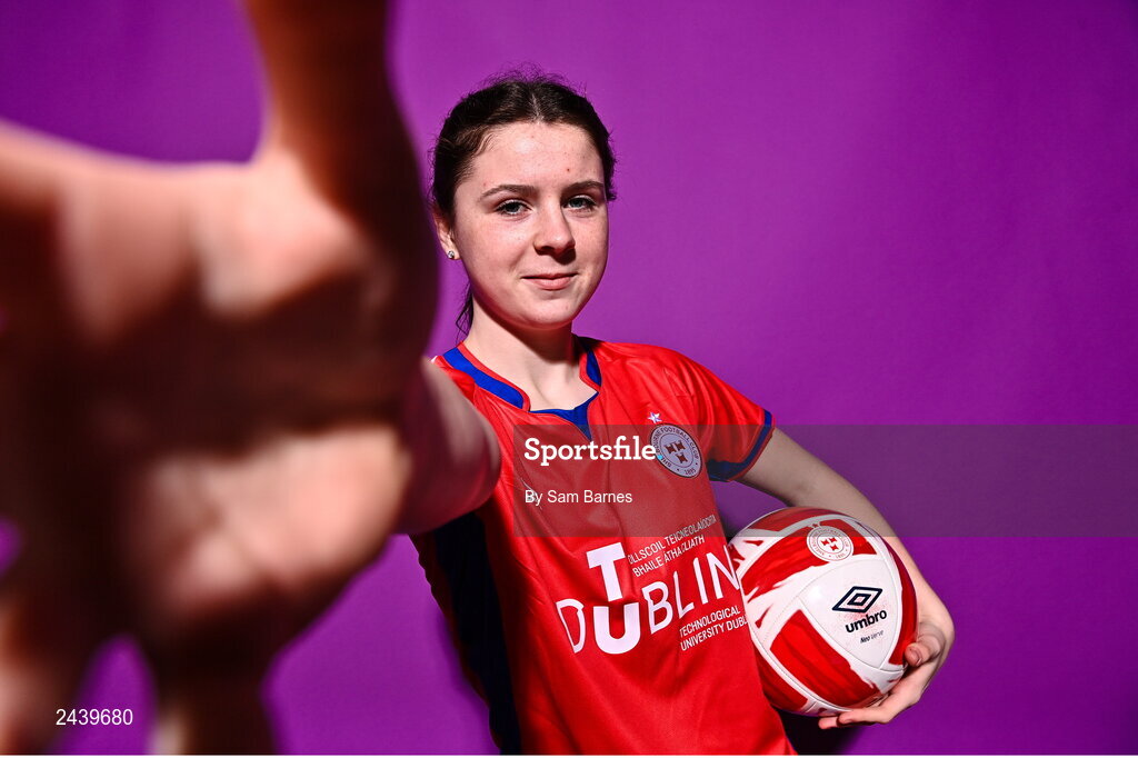 20 February 2023; Leah Riley poses for a portrait during a Shelbourne squad portrait session at Tolka Park in Dublin. Photo by Sam Barnes/Sportsfile