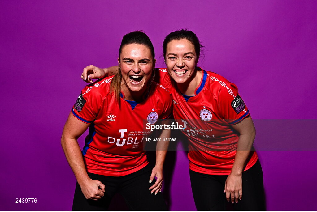 20 February 2023; Jemma Quinn, left, and Noelle Murray pose for a portrait during a Shelbourne squad portrait session at Tolka Park in Dublin. Photo by Sam Barnes/Sportsfile