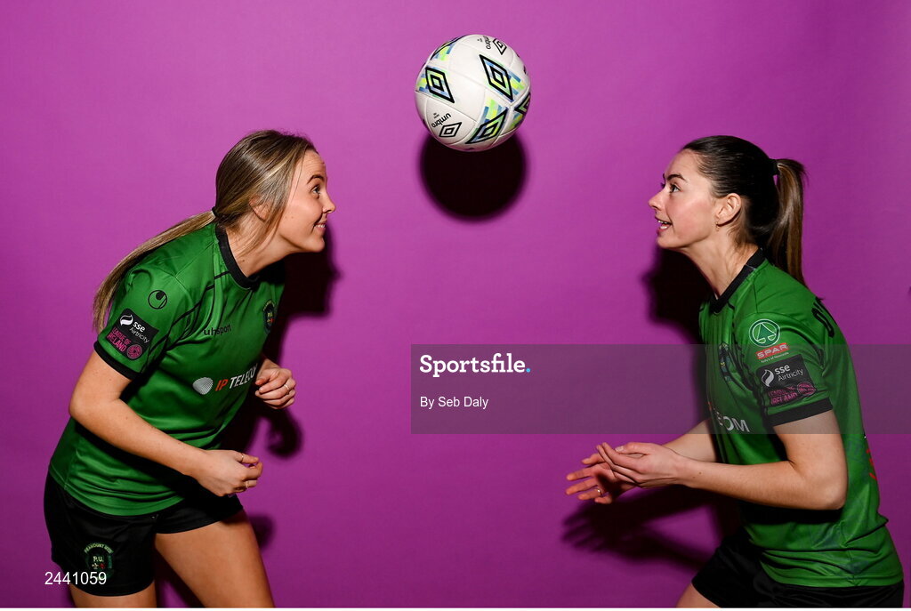23 February 2023; Chloe Moloney, left, and Lauryn O’Callaghan pose for a portrait during a Peamount United squad portrait session at PRL Park in Greenogue, Dublin. Photo by Seb Daly/Sportsfile