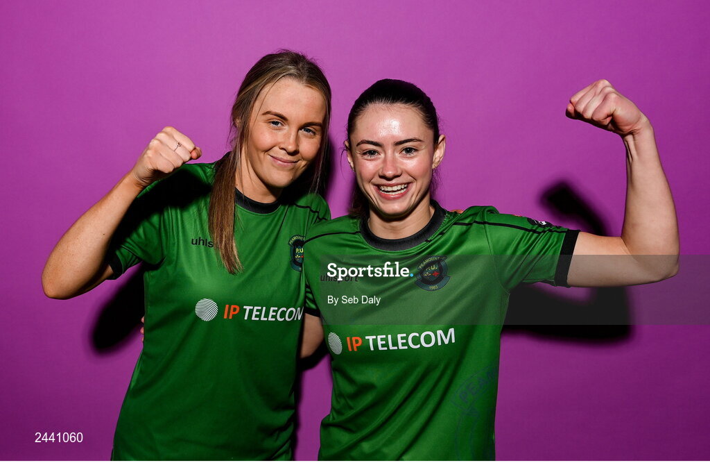 23 February 2023; Chloe Moloney, left, and Lauryn O’Callaghan pose for a portrait during a Peamount United squad portrait session at PRL Park in Greenogue, Dublin. Photo by Seb Daly/Sportsfile