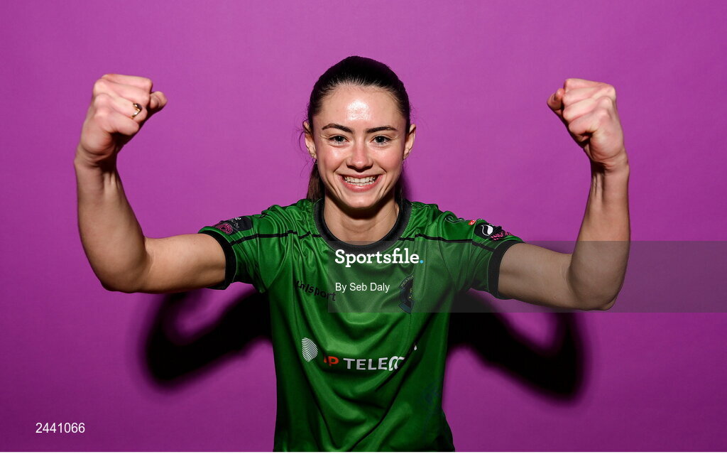 23 February 2023; Lauryn O’Callaghan poses for a portrait during a Peamount United squad portrait session at PRL Park in Greenogue, Dublin. Photo by Seb Daly/Sportsfile
