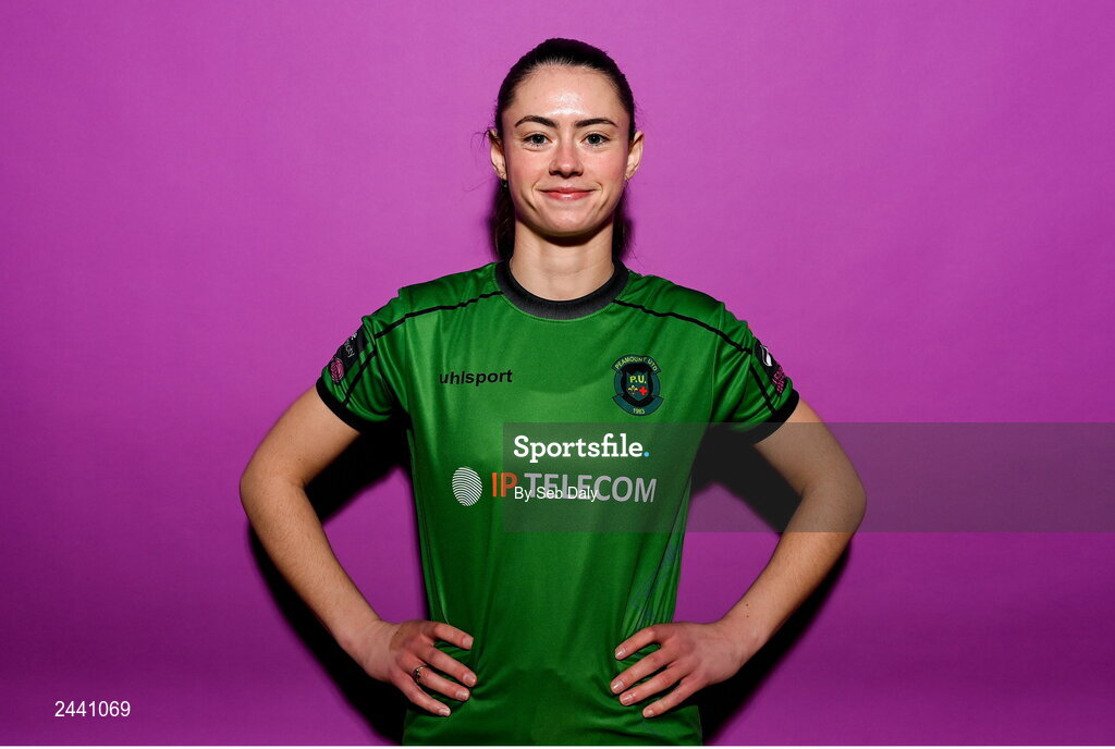 23 February 2023; Lauryn O’Callaghan poses for a portrait during a Peamount United squad portrait session at PRL Park in Greenogue, Dublin. Photo by Seb Daly/Sportsfile