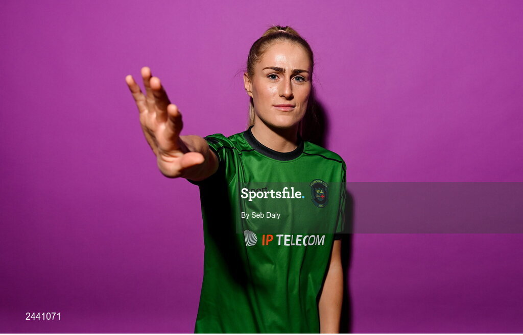 23 February 2023; Shannon Thomas poses for a portrait during a Peamount United squad portrait session at PRL Park in Greenogue, Dublin. Photo by Seb Daly/Sportsfile