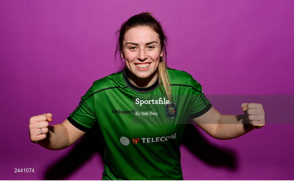 23 February 2023; Sarah Power poses for a portrait during a Peamount United squad portrait session at PRL Park in Greenogue, Dublin. Photo by Seb Daly/Sportsfile