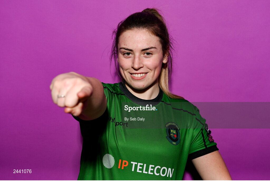 23 February 2023; Sarah Power poses for a portrait during a Peamount United squad portrait session at PRL Park in Greenogue, Dublin. Photo by Seb Daly/Sportsfile