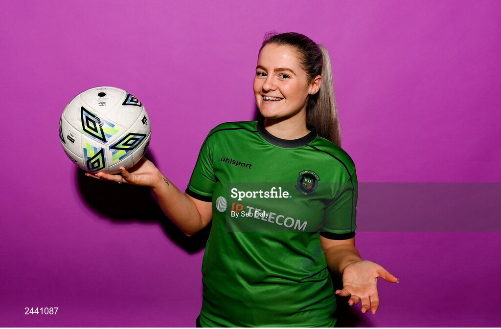 23 February 2023; Louise Masterson poses for a portrait during a Peamount United squad portrait session at PRL Park in Greenogue, Dublin. Photo by Seb Daly/Sportsfile