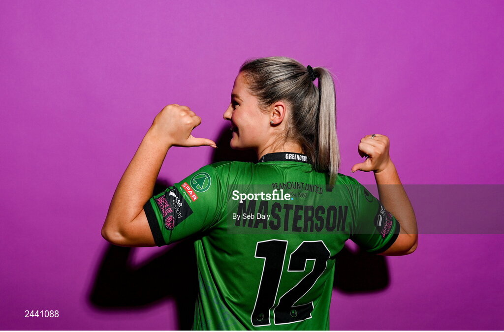 23 February 2023; Louise Masterson poses for a portrait during a Peamount United squad portrait session at PRL Park in Greenogue, Dublin. Photo by Seb Daly/Sportsfile
