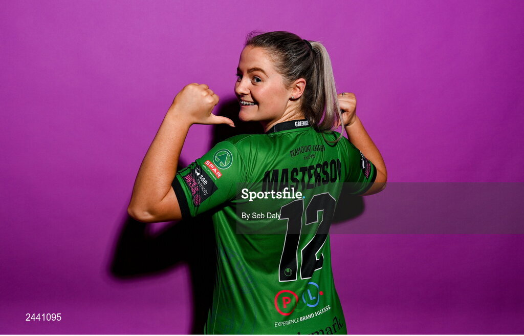 23 February 2023; Louise Masterson poses for a portrait during a Peamount United squad portrait session at PRL Park in Greenogue, Dublin. Photo by Seb Daly/Sportsfile