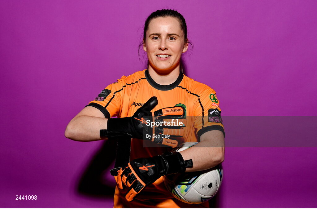 23 February 2023; Goalkeeper Niamh Reid Burke poses for a portrait during a Peamount United squad portrait session at PRL Park in Greenogue, Dublin. Photo by Seb Daly/Sportsfile
