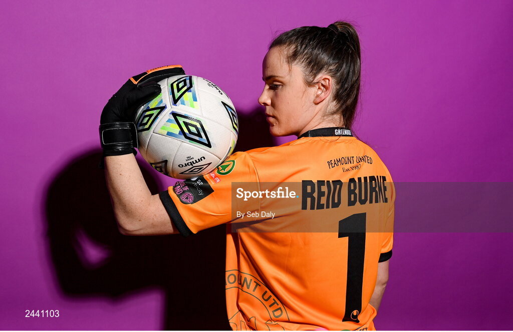 23 February 2023; Goalkeeper Niamh Reid Burke poses for a portrait during a Peamount United squad portrait session at PRL Park in Greenogue, Dublin. Photo by Seb Daly/Sportsfile