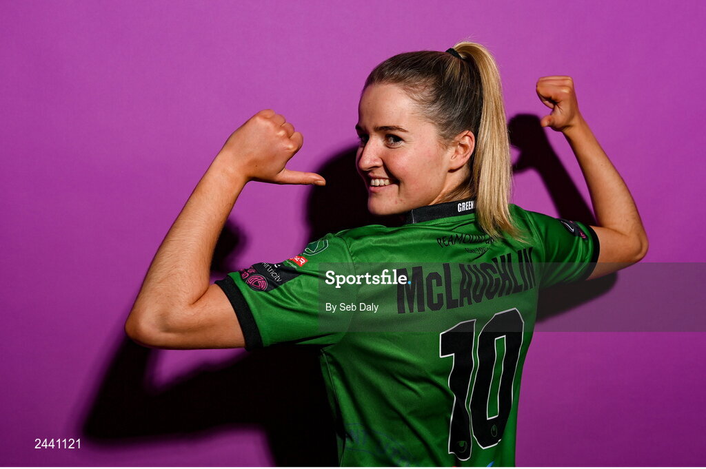 23 February 2023; Erin McLaughlin poses for a portrait during a Peamount United squad portrait session at PRL Park in Greenogue, Dublin. Photo by Seb Daly/Sportsfile